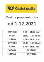 Otevírací doba Pošty v Rozhraní od 1.12.2021